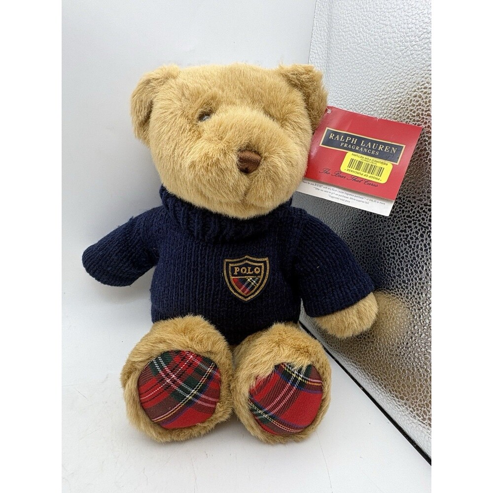 Ralph Lauren Polo Teddy Bear 2008 15” Navy Crest Sweater Plaid Paws With Tag